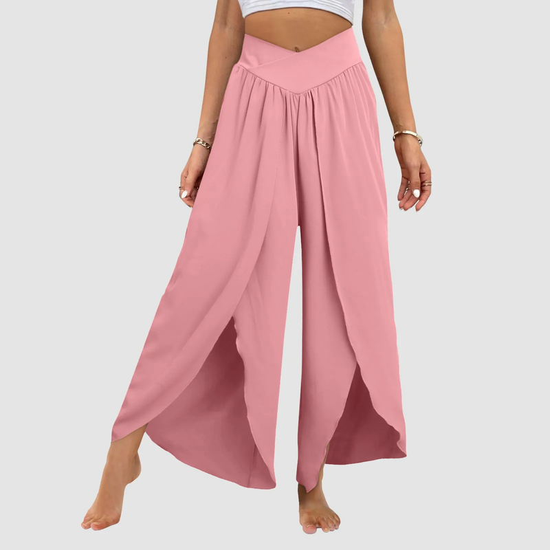 High-Waisted Loose Split Boho Palazzo Pants – Front Slit, Pleated, Plus-Size Beach & Yoga Essential
