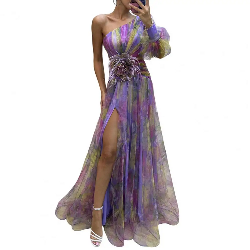 Mesh Tie Dye One-Shoulder Ball Gown with Slit – Floral Mesh Bubble Sleeve Split Evening Dress for Glamorous Events