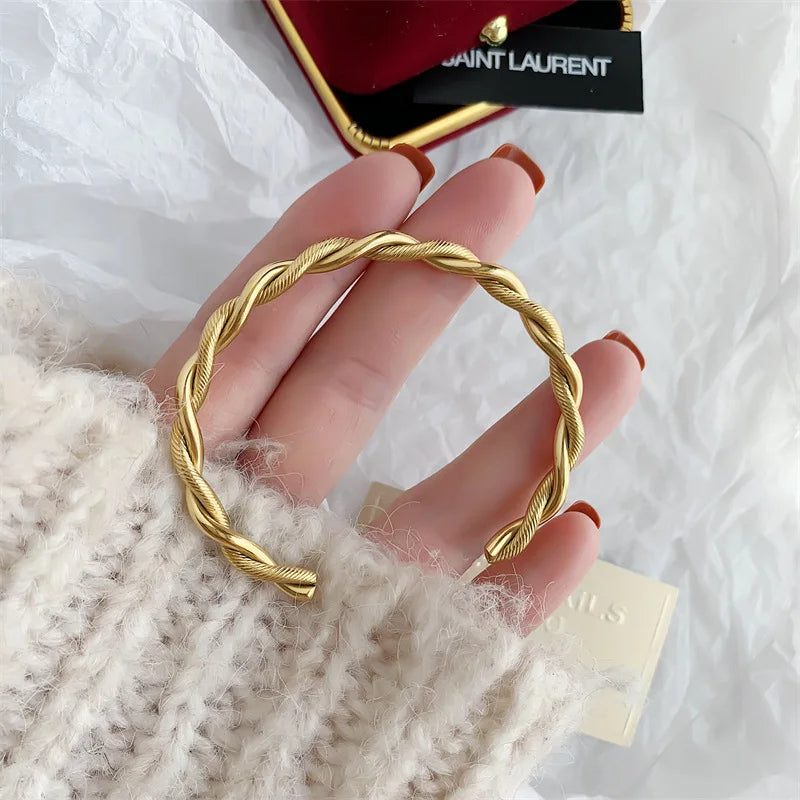 Charm Twist Cuff Bracelet - Slim Gold Opening Bangle in 316L Stainless Steel Charm
