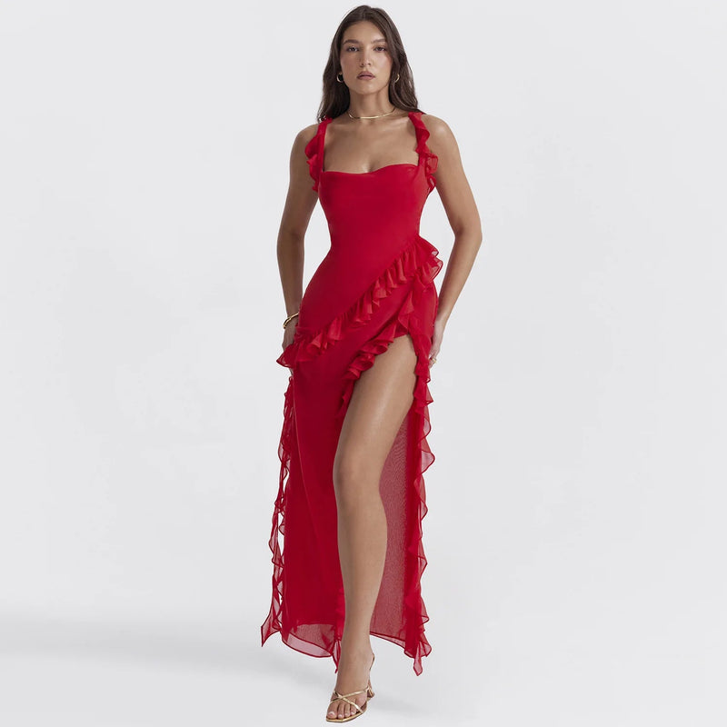 Sexy Spaghetti Strap Thigh High Split Bodycon Dress – Backless, Low-Cut Ruffle Gown for Elegant Evening & Party Glamour