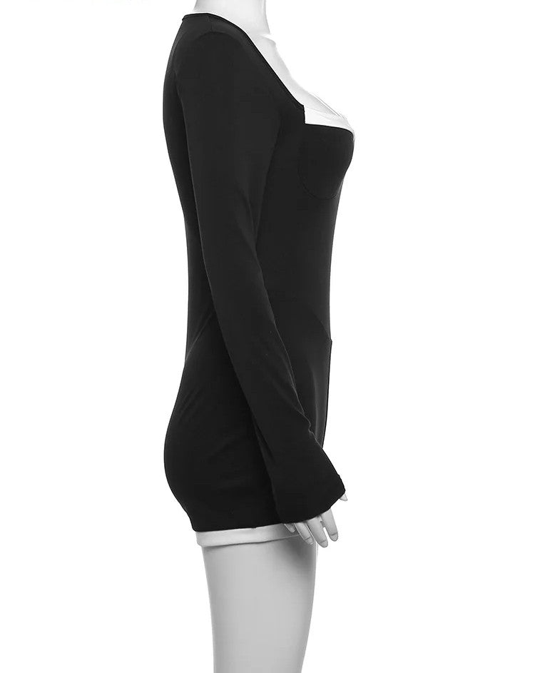 Women's Strange Cat Jumpsuit – Square Neck Patchwork Romper with Slim Stretch Long Sleeves for Sleek Urban Style