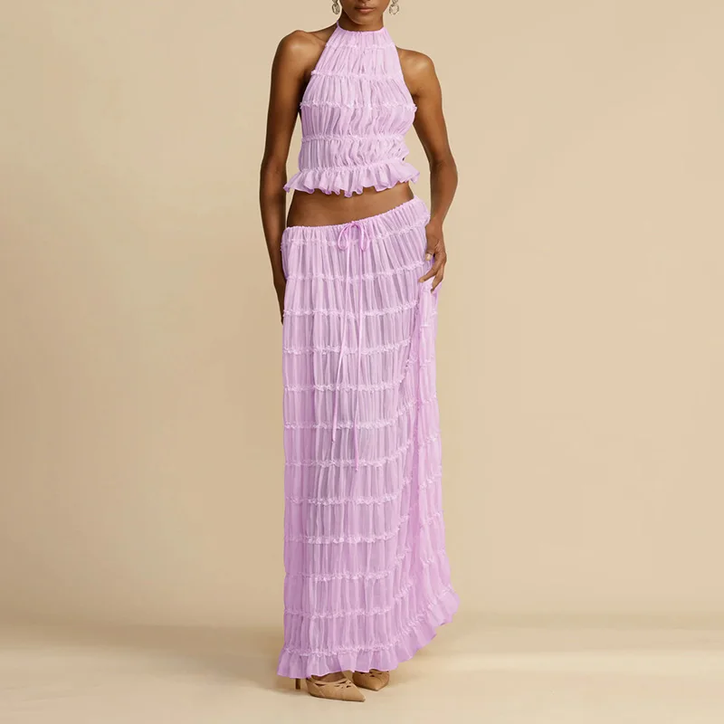 Sexy Two-Piece Hollow Out Set Dress – Backless Lace-Up Crop Top & Long Skirt for Beach & Club Vibes