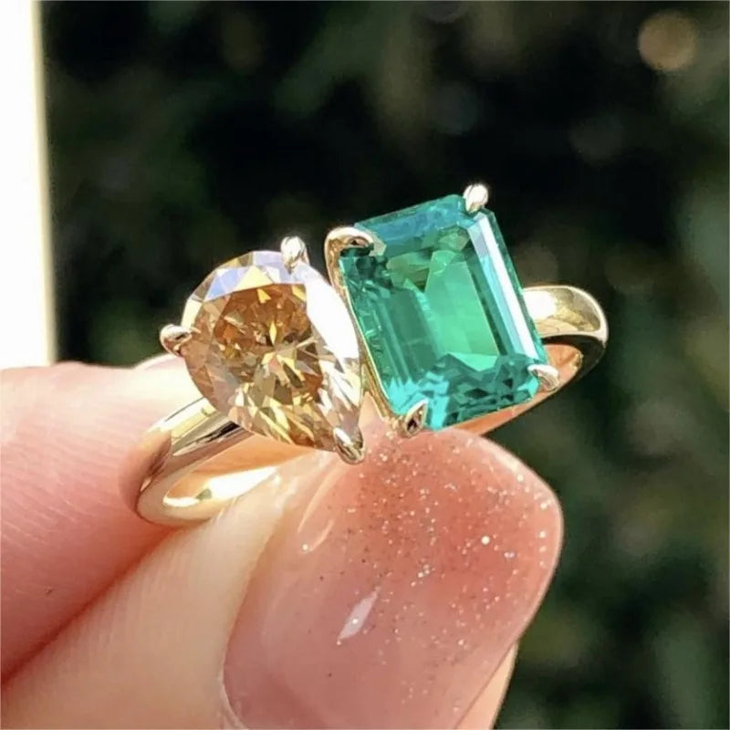 Minimalist Double Zircon Main Stone Ring – Elegant Handmade Ring with Green Yellow Zircon Stone Perfect Statement Jewelry for Everyday Versatile Style