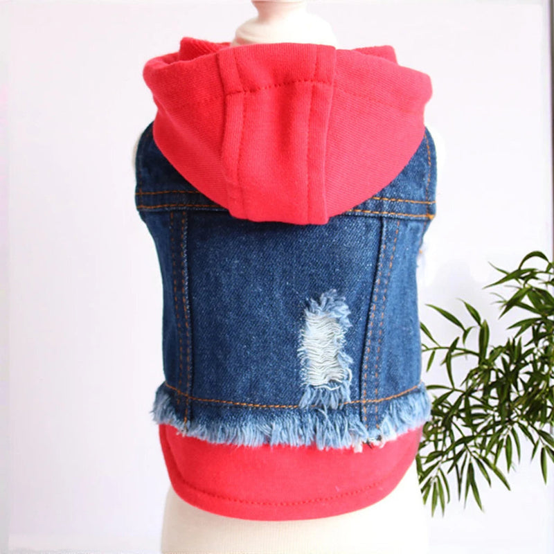 Denim Dog Jacket with Hoodie – Stylish Blue Jeans Coat for Small to Medium Pups