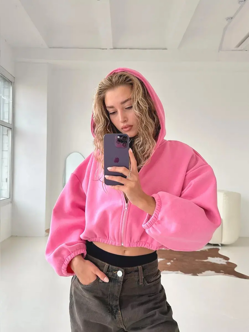 Trendy Y2K Cropped Hoodie Jacket – Zip-Up Loose-Fit Sweatshirt for Fall Street-Style Vibes