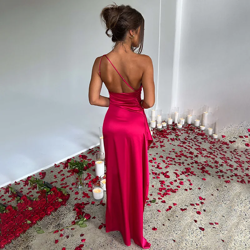 Korean One-Shoulder Pattern Print Maxi Dress – Side-Split Backless Diagonal Collar Beauty for Beach & Summer Elegance