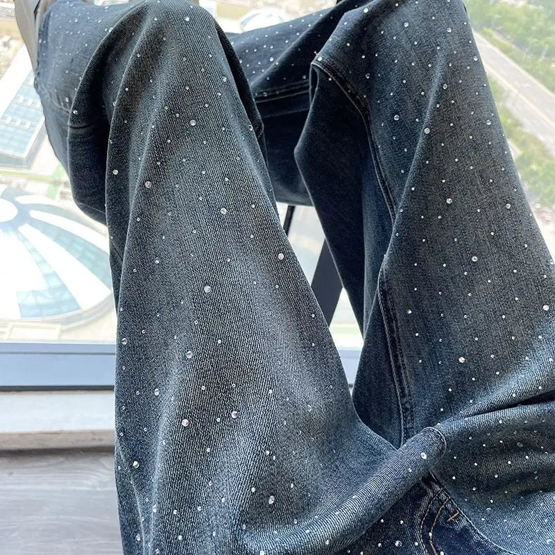Rhinestone Wide-Leg Jeans – High-Waist Loose Straight Pants for Women