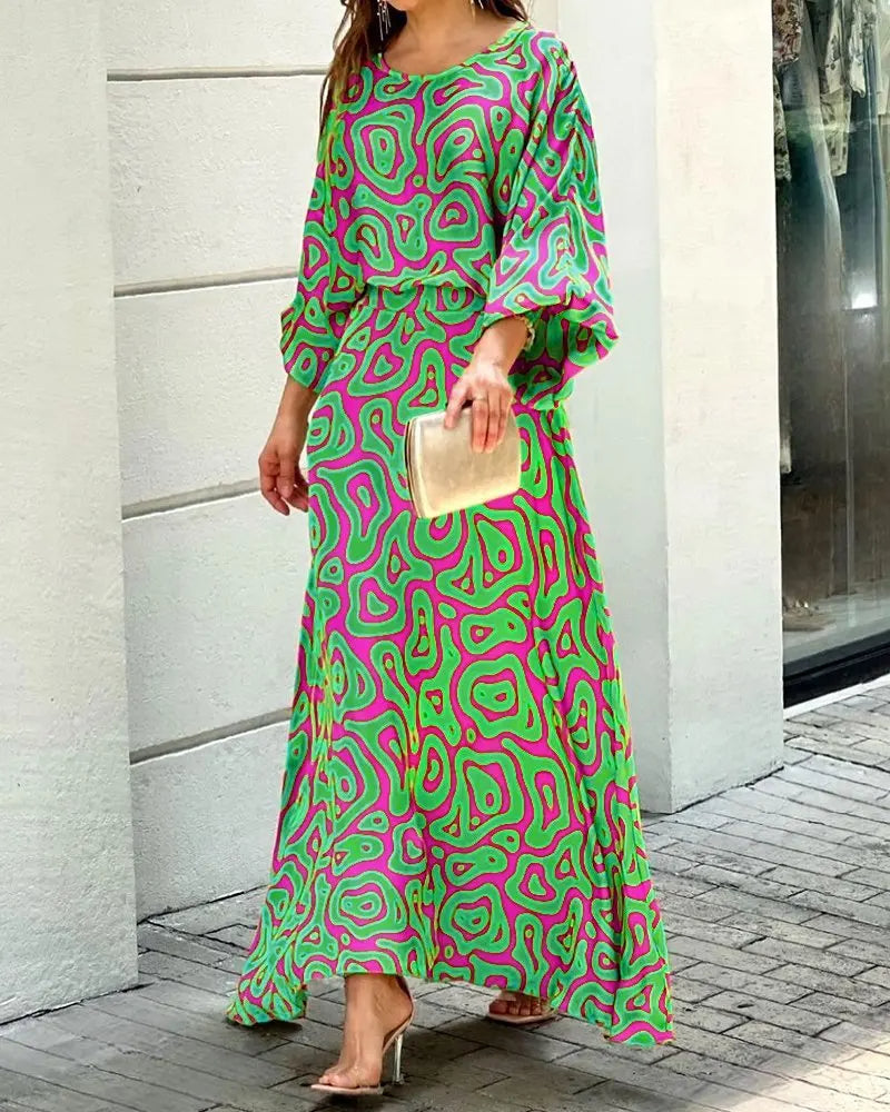 Floral Vacation Dress Set – 2-Piece Maxi Skirt & Blouse with Big Swing Hem for Summer Holiday Style