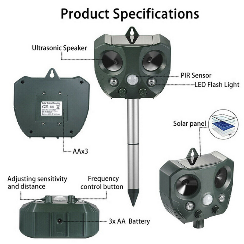 Ultrasonic Pest Repeller Solar Powered, Bird, Deer, Squirel, Deterrent. Get Ride Of Animals