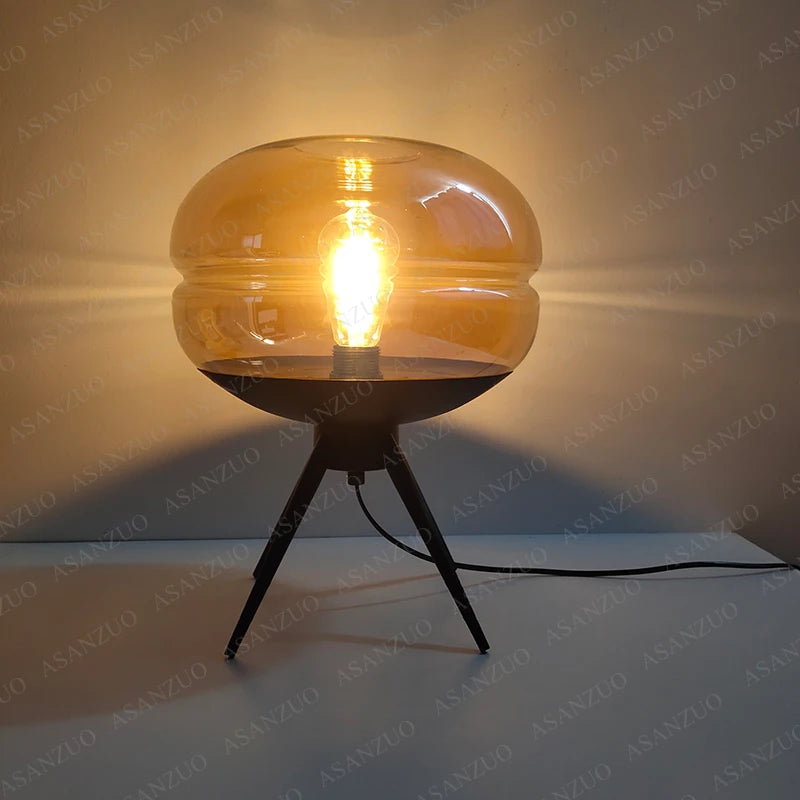 Blue Glass Table Lamp - Artistic E27 Desk Light with Hardware Shelf, Modern Bedroom or Living Room Creative Decor Accent