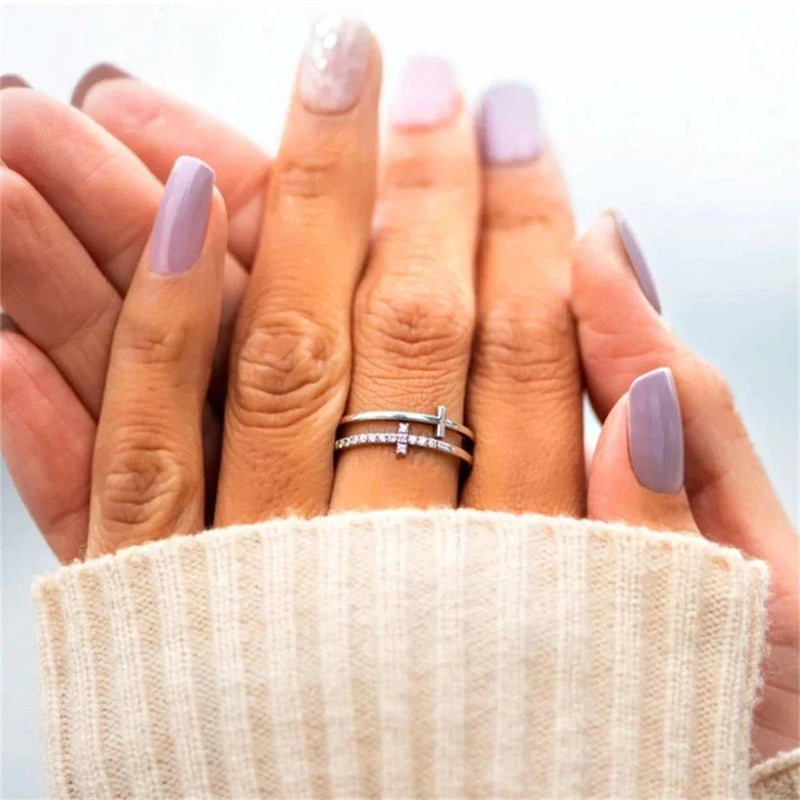 Double Cross Miniature Copper Inlaid Zircon Ring – ‘Pray Through It’ Zircon Band with Card Box for Women & Girls