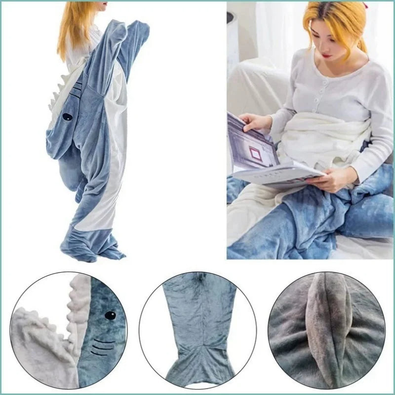 Thick Flannel Cartoon Shark Sleeping Bag – Plush Animal Pajama Blanket for Men & Women, Cozy Robe for School or Home