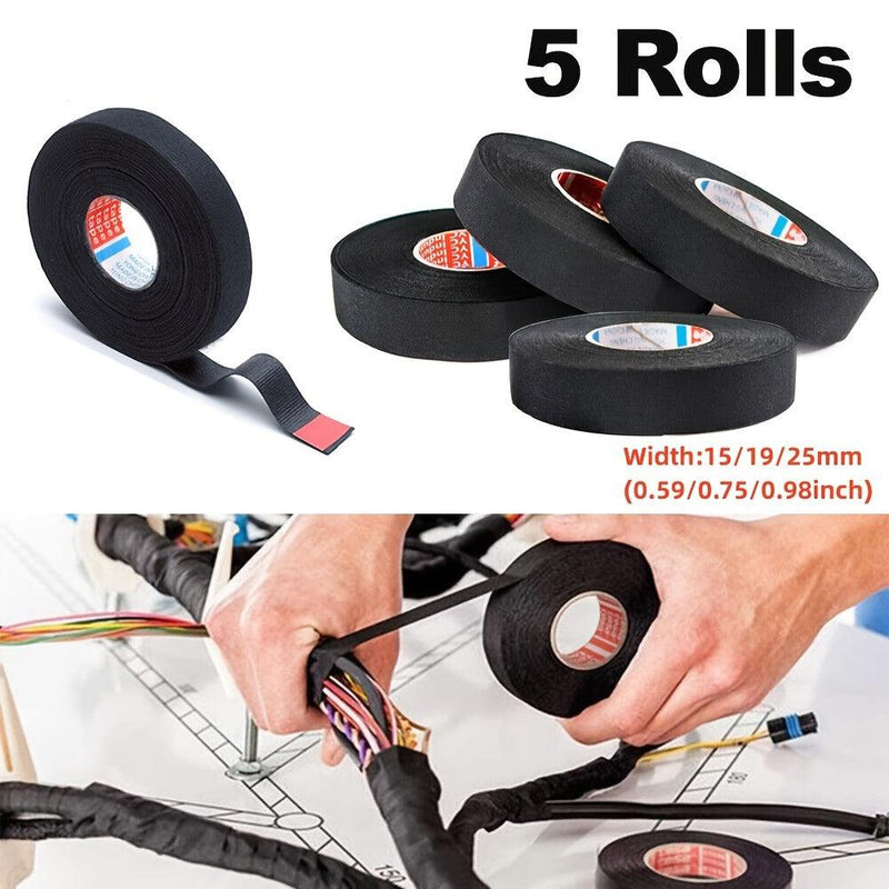 5 Rolls 15m/49.2ft Adhesive Cloth Fabric Tape, Cable Loom Wiring Harness Cloth 15mm 19mm 25mm