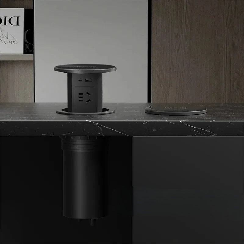 Automatic Pop-Up Desk Socket Tower – Hidden Power Hub with USB-C, Wireless Charging & Global Plug Support
