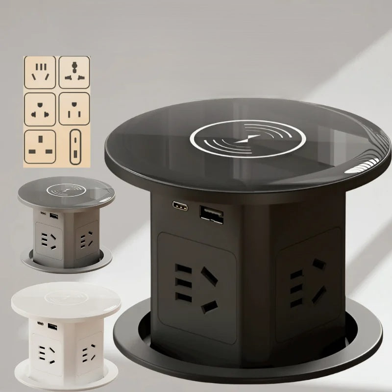 Automatic Pop-Up Desk Socket Tower – Hidden Power Hub with USB-C, Wireless Charging & Global Plug Support