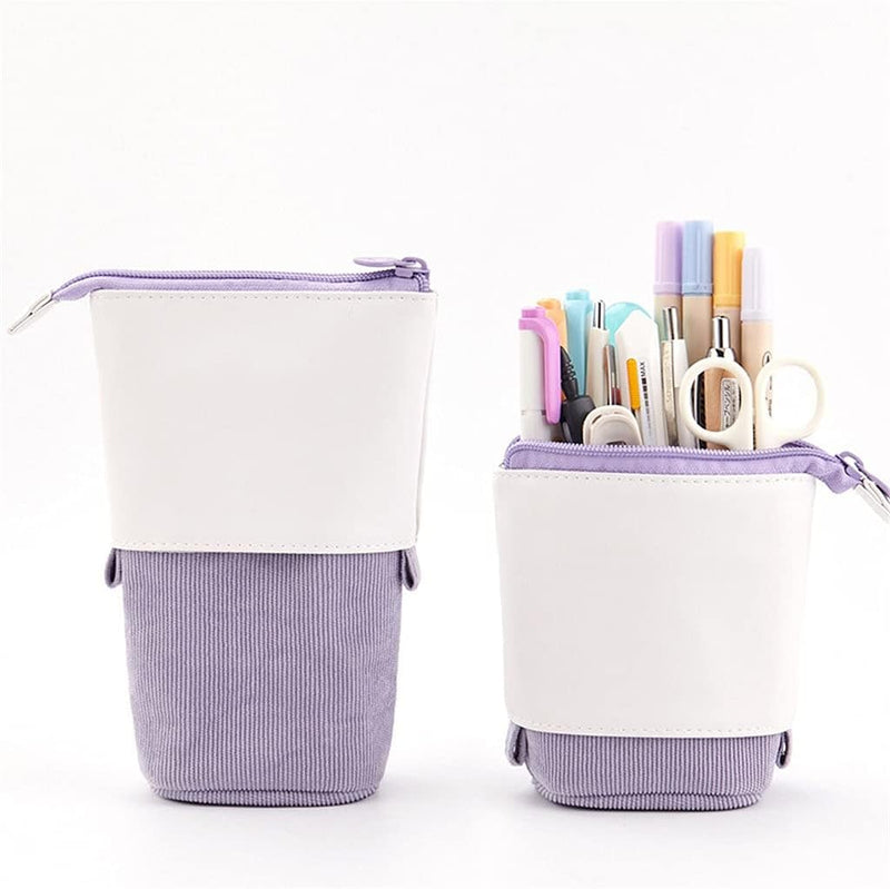 PU Pop-up Bag Pencil Holder - Corduroy Standing Stationery Organizer Case with Zipper, Stylish Gift for Boys, Girls, and Students