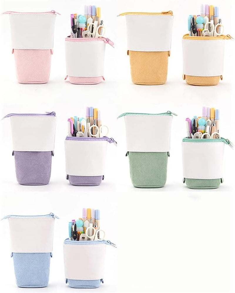PU Pop-up Bag Pencil Holder - Corduroy Standing Stationery Organizer Case with Zipper, Stylish Gift for Boys, Girls, and Students