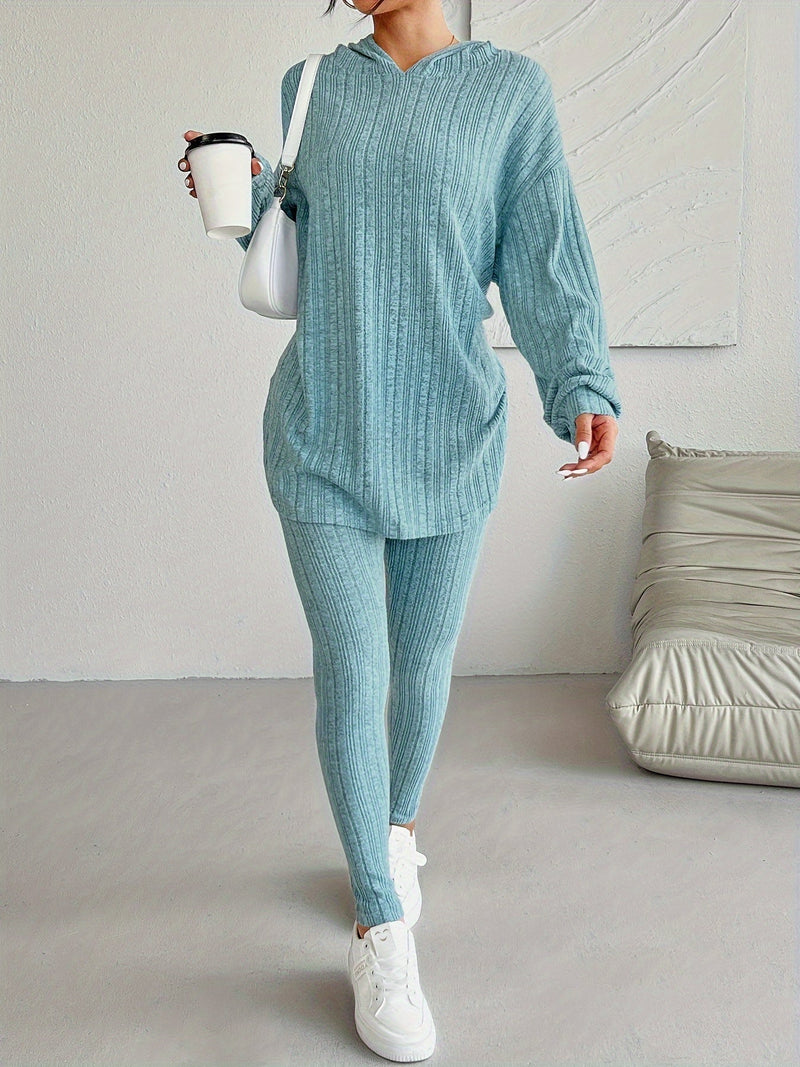 Women's Casual Ribbed Two-Piece Lounge Set – Hooded Long Sleeve Top & Fitted Pants for Relaxed Daily Wear or Travel Outfits