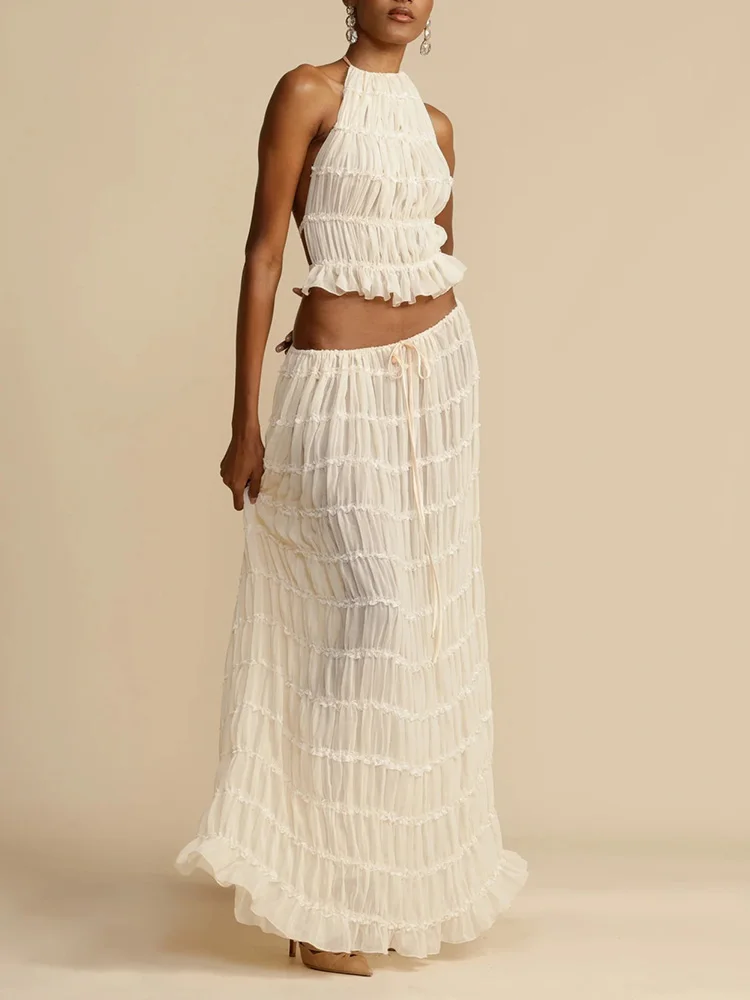 Sexy Two-Piece Hollow Out Set Dress – Backless Lace-Up Crop Top & Long Skirt for Beach & Club Vibes