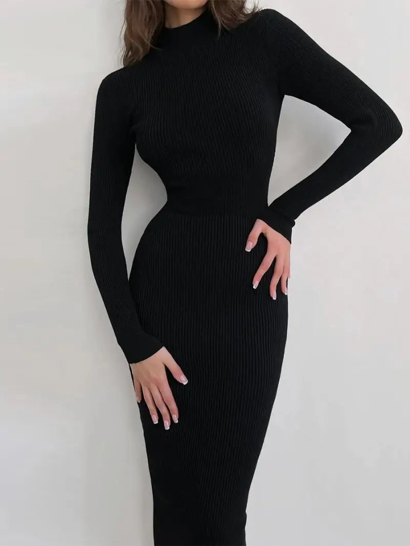 Turtleneck Knitted Midi Dress – Long Sleeve Bodycon Fit for Flawless Autumn & Winter Fashion Statements