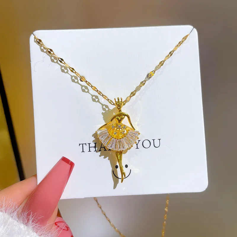 Ballet Dancing Girl Pendant Necklace - 18K Gold Clavicle Chain Jewelry for Elegant Everyday Charm