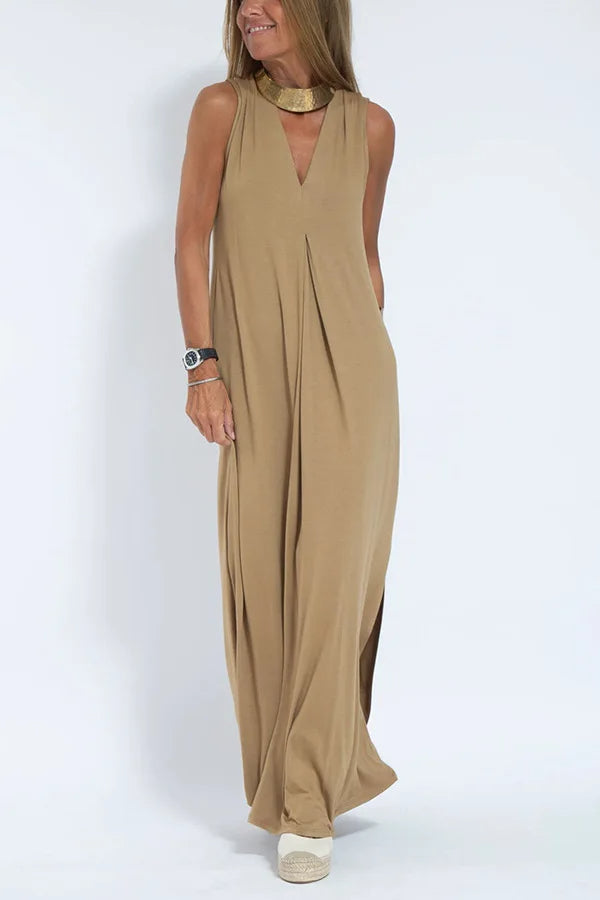 Chic V-Neck Dress & Cardigan Set – Sleeveless Long Vest Dress with Fall-Ready Casual Layered Elegance