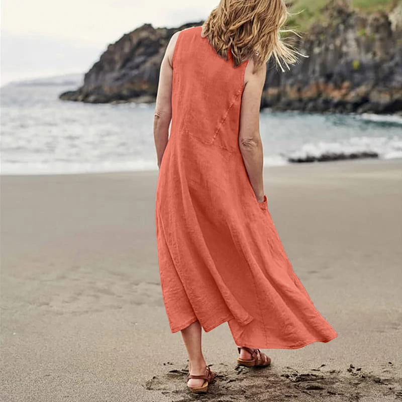 Cotton Linen Long Dress with Pockets – Plus Size Sleeveless Pullover for Effortless Summer Fashion
