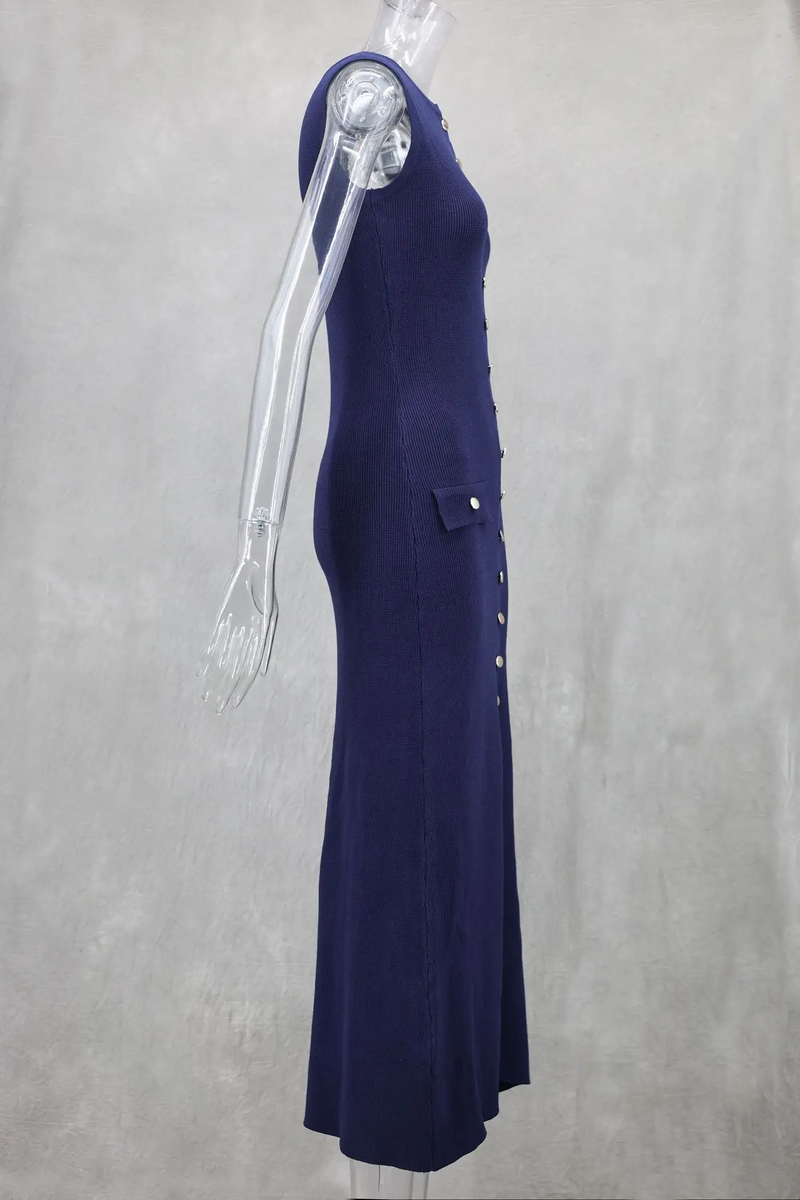 High Slit Knitted Maxi Dress for Women – Apricot Sleeveless Button Detail Bodycon Party Winter Dress