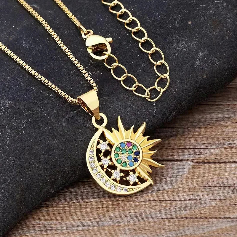 Celestial Elegance Sun & Moon Clavicle Chain Necklace – Stainless Steel Boho Pendant for the Starry-Eyed Dreamer