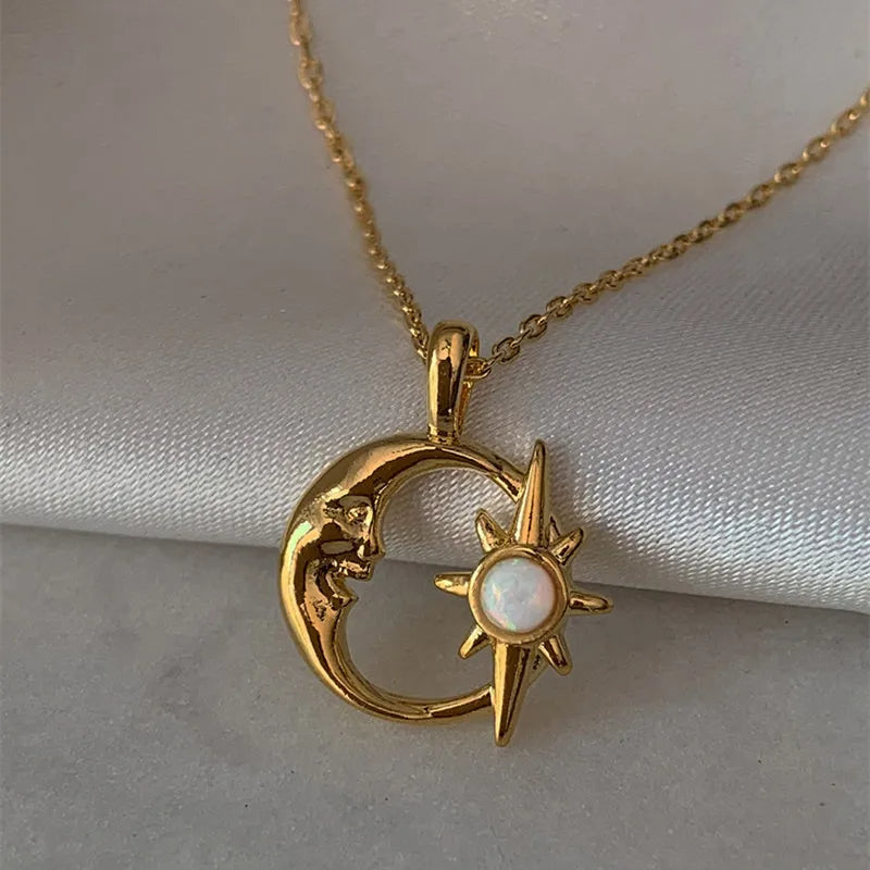 Golden Hollow Out Moon and Sun Pendant Necklace – Trendy Waterproof Stainless Steel Jewelry for Women