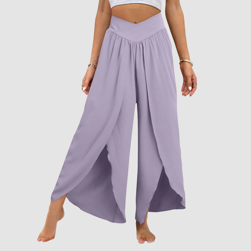 High-Waisted Loose Split Boho Palazzo Pants – Front Slit, Pleated, Plus-Size Beach & Yoga Essential