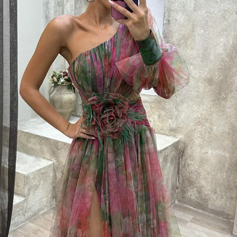 Mesh Tie Dye One-Shoulder Ball Gown with Slit – Floral Mesh Bubble Sleeve Split Evening Dress for Glamorous Events