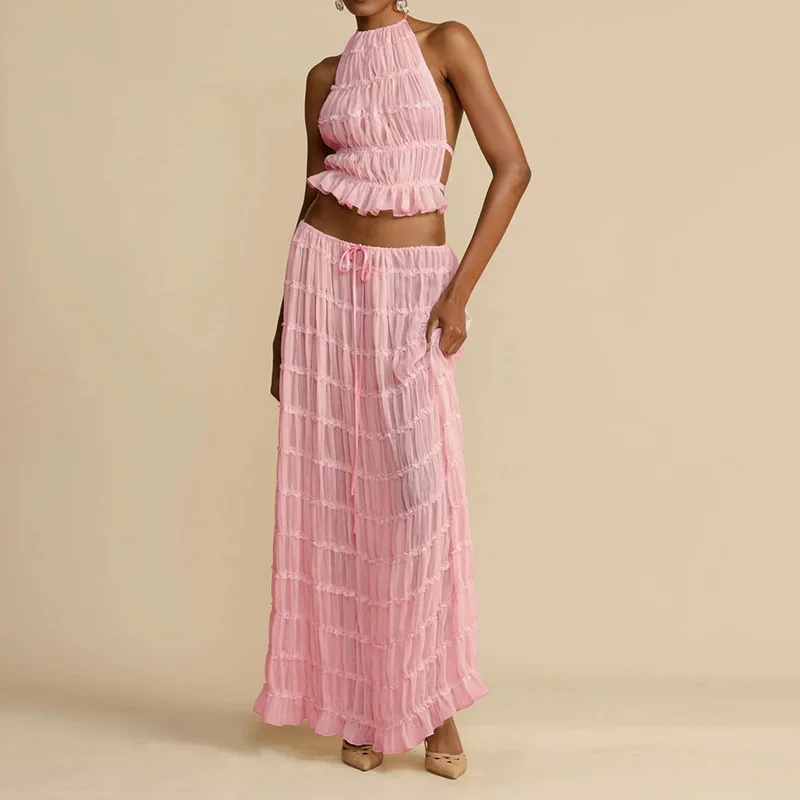 Sexy Two-Piece Hollow Out Set Dress – Backless Lace-Up Crop Top & Long Skirt for Beach & Club Vibes