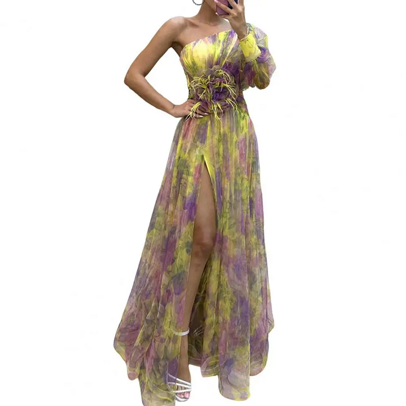 Mesh Tie Dye One-Shoulder Ball Gown with Slit – Floral Mesh Bubble Sleeve Split Evening Dress for Glamorous Events