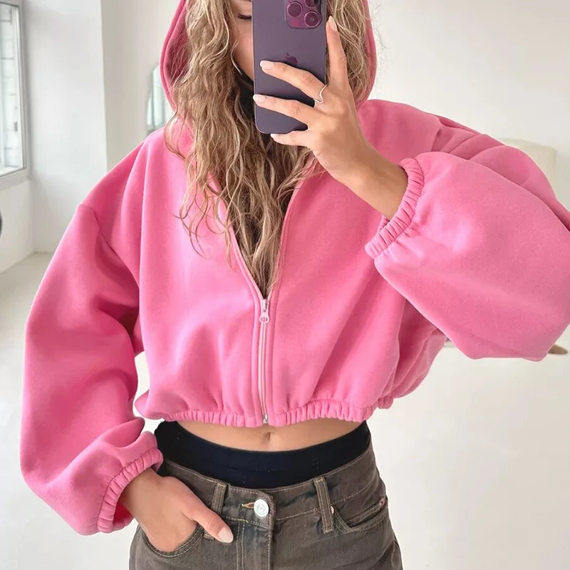 Trendy Y2K Cropped Hoodie Jacket – Zip-Up Loose-Fit Sweatshirt for Fall Street-Style Vibes