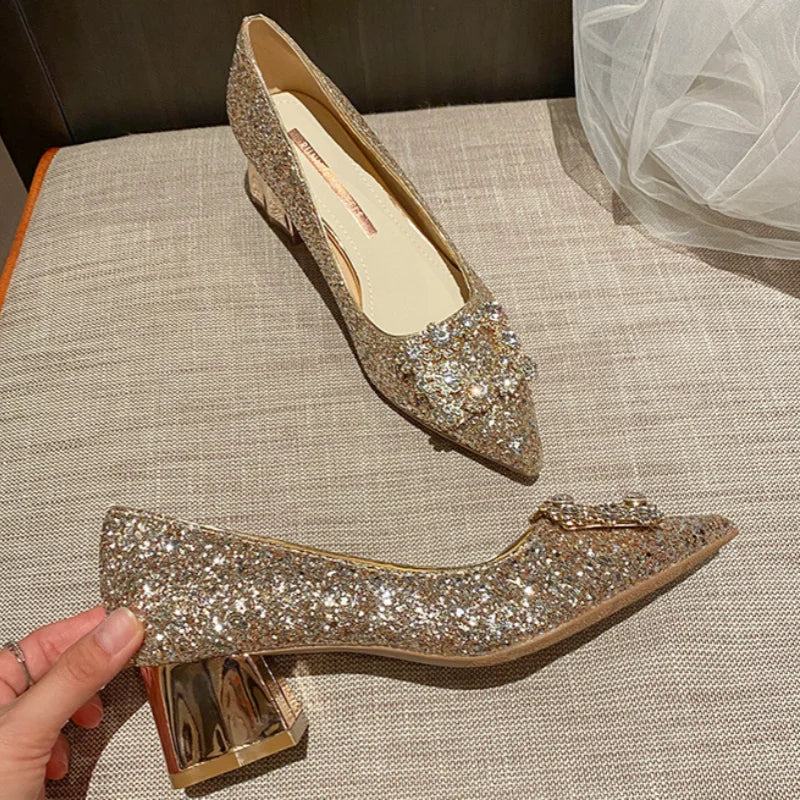 Crystal Bow Rhinestone Party Shoes with Square Buckle- Sparkly Mid-Heel Pumps for Elegant Spring, Weddings & Events