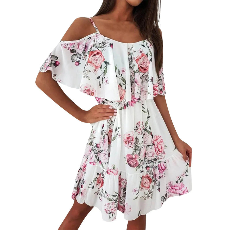 Ruffled Chiffon Summer Dress – Flower Printed, Shoulder Strap Style with European-Inspired Sexy Vibes for 2024 Chic