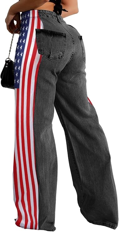 Streetwear Wide-Leg Denim Trousers – Summer High Waist Elastic Color Block Three-Stripe Straight Patchwork Pants
