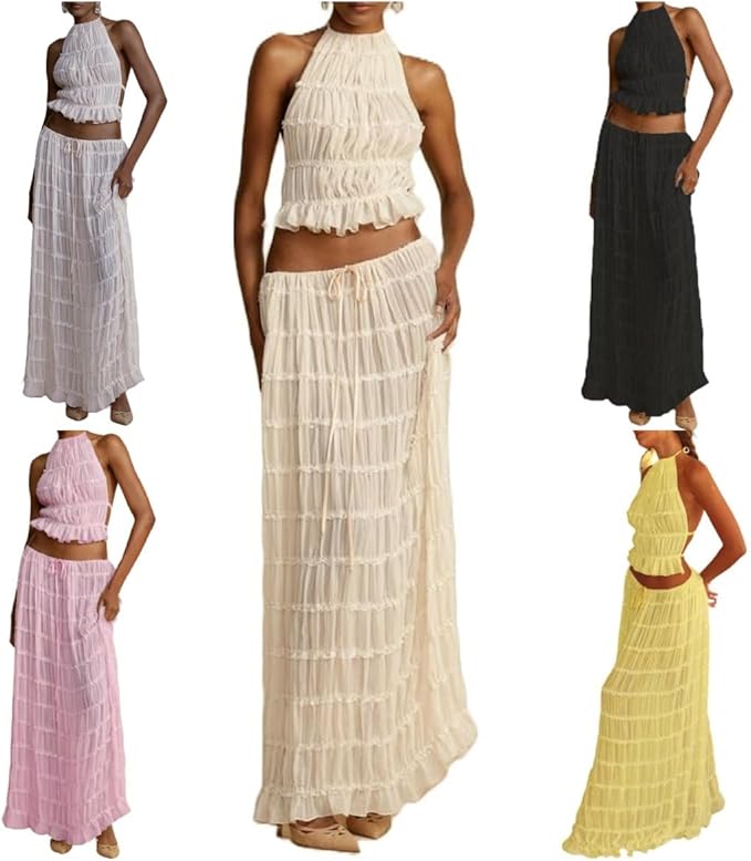 Sexy Two-Piece Hollow Out Set Dress – Backless Lace-Up Crop Top & Long Skirt for Beach & Club Vibes