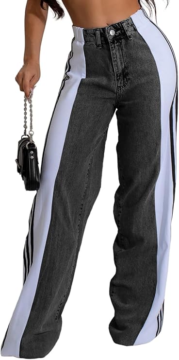 Streetwear Wide-Leg Denim Trousers – Summer High Waist Elastic Color Block Three-Stripe Straight Patchwork Pants
