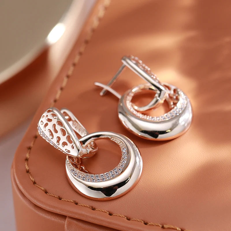 Hollow Round Moon Rose Gold Drop Earrings – Elegant Flower Design with Natural Zircon for Bridal & Daily Glamour