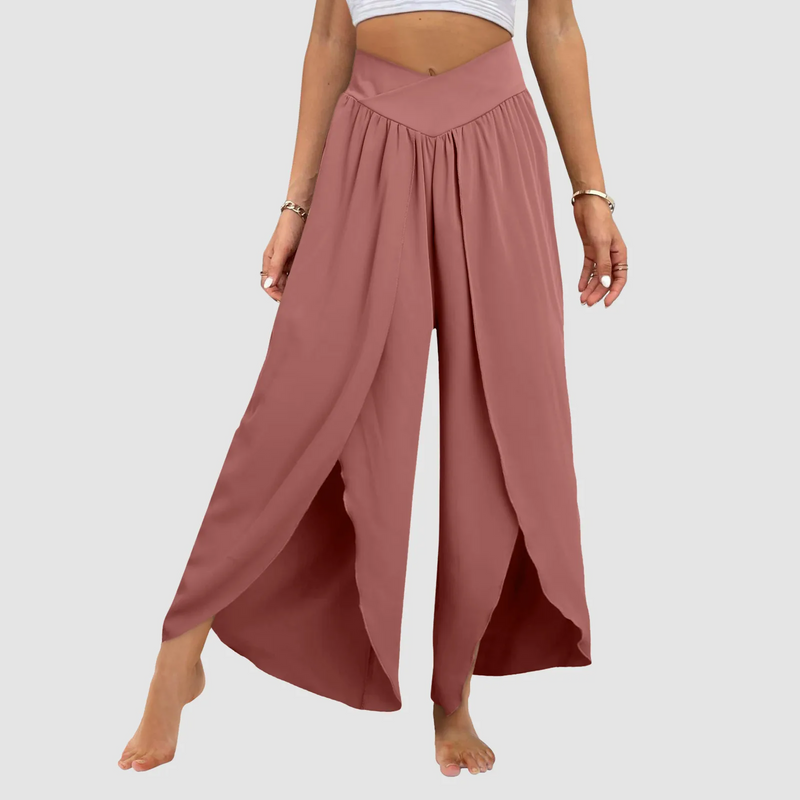 High-Waisted Loose Split Boho Palazzo Pants – Front Slit, Pleated, Plus-Size Beach & Yoga Essential