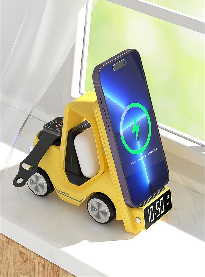 Car Shaped Wireless Charging Dock & LED Alarm Clock – 3-in-1 Fast Charge for iPhone, Apple Watch & Air Pods