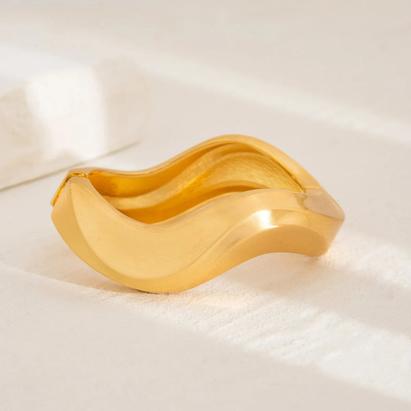 Chunky Water Drop Bangle - Bold Gold Open Cuff with Irregular Wave Design