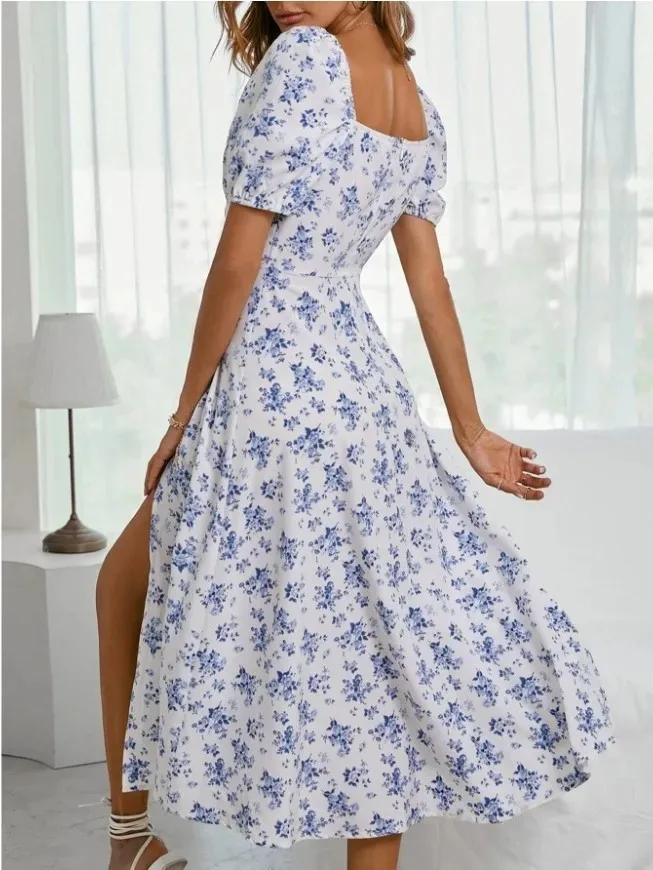 Floral Print Backless Halter Dress – Slim Fit, Split Design, & French-Inspired Spring Elegance