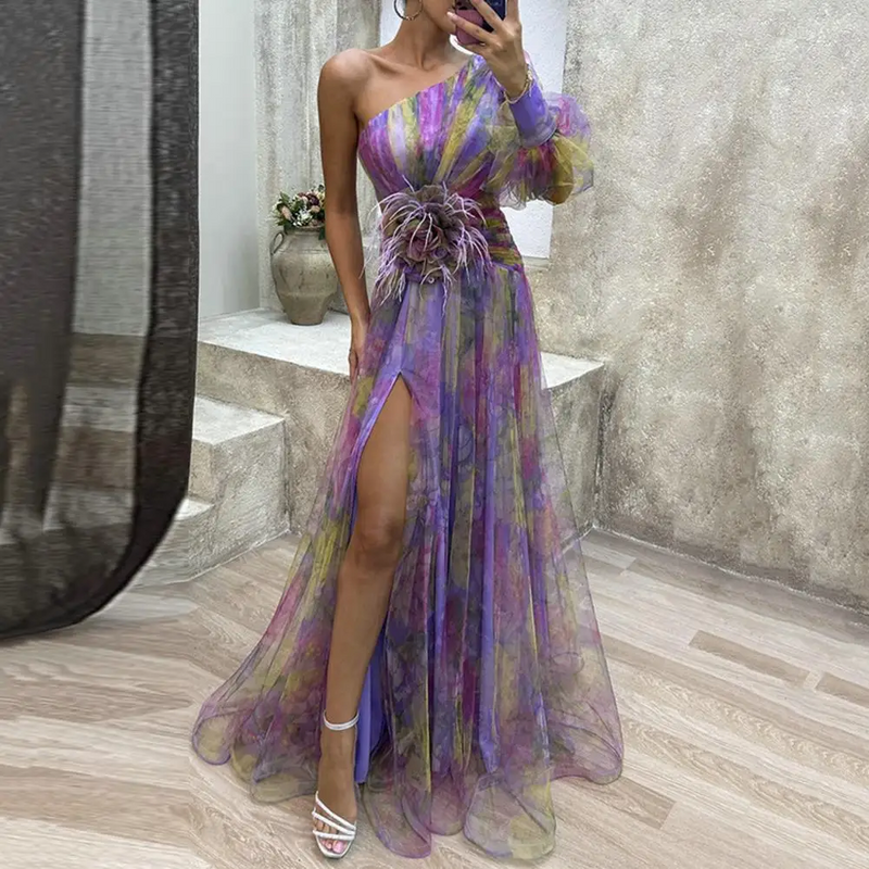 Mesh Tie Dye One-Shoulder Ball Gown with Slit – Floral Mesh Bubble Sleeve Split Evening Dress for Glamorous Events