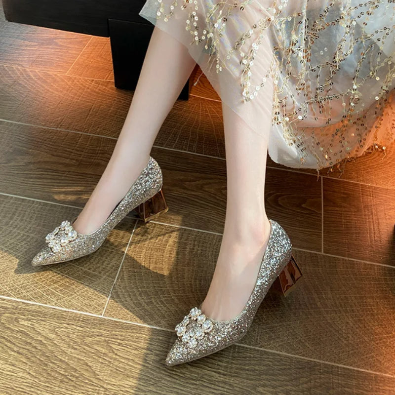 Crystal Bow Rhinestone Party Shoes with Square Buckle- Sparkly Mid-Heel Pumps for Elegant Spring, Weddings & Events
