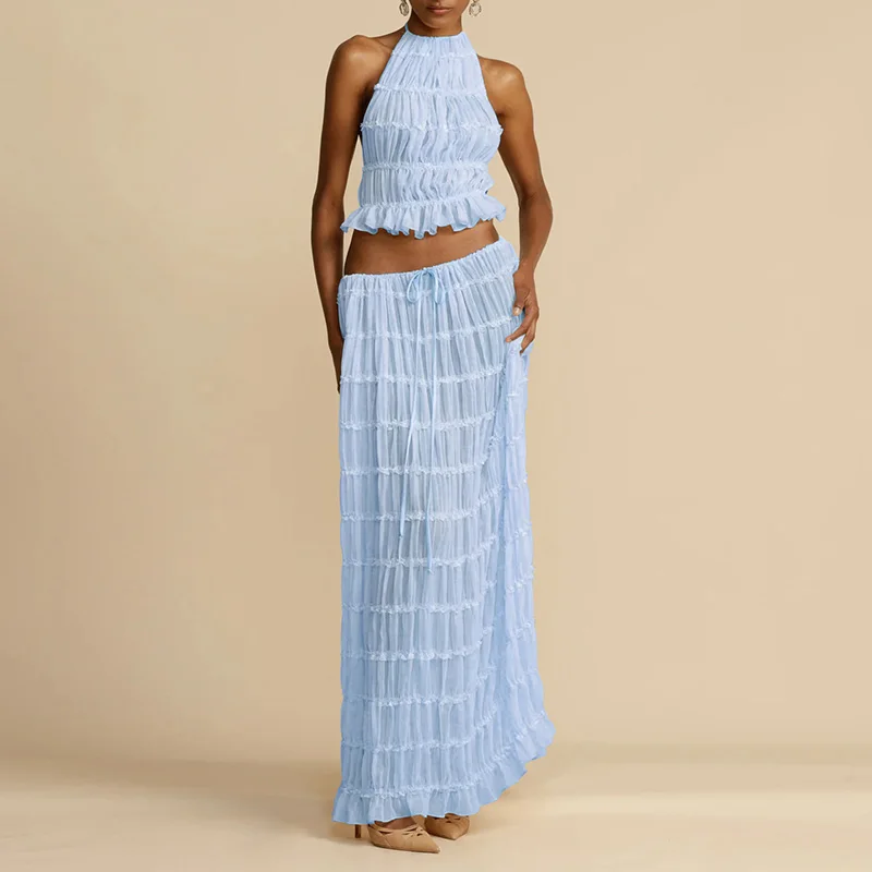 Sexy Two-Piece Hollow Out Set Dress – Backless Lace-Up Crop Top & Long Skirt for Beach & Club Vibes