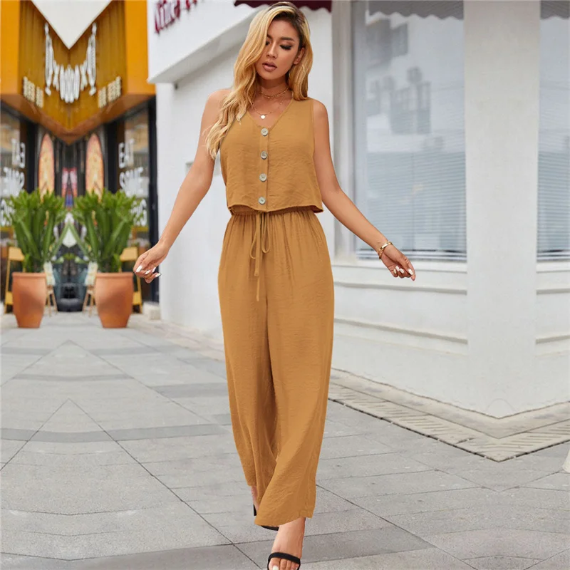 Cotton Linen Two-Piece Office Set – V-Neck Vest & Wide Leg Pants for Casual Elegance and Everyday Comfort