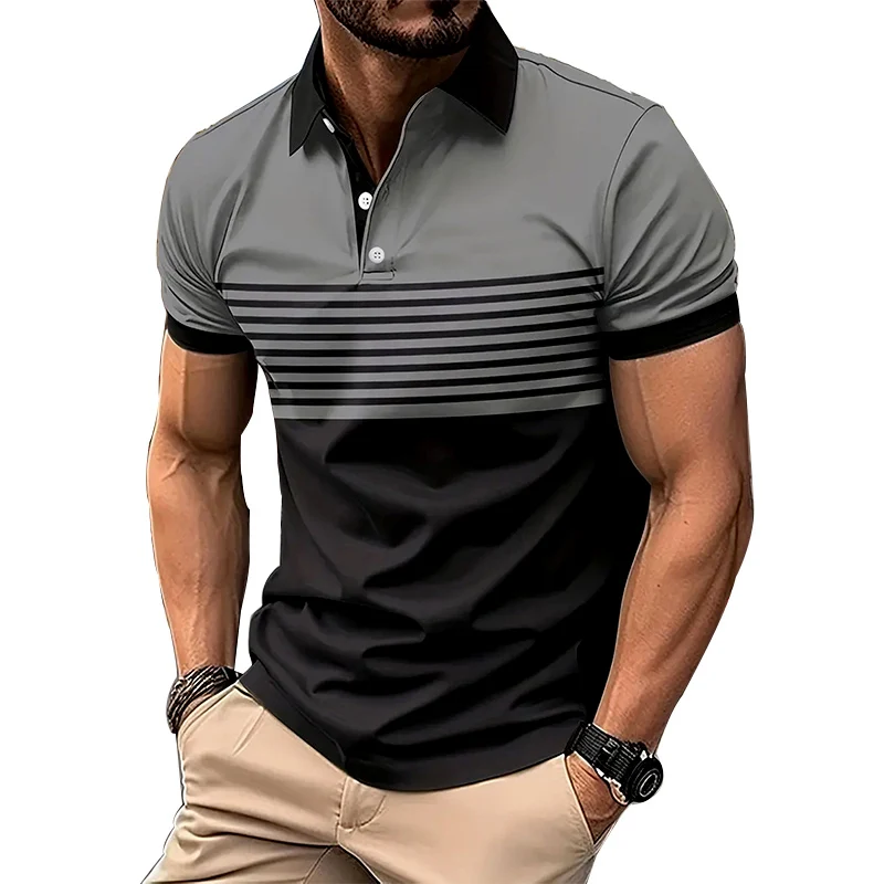 Men’s Summer Striped Polo Shirt - Casual Sporty Button Lapel Tee for Fresh Everyday Style